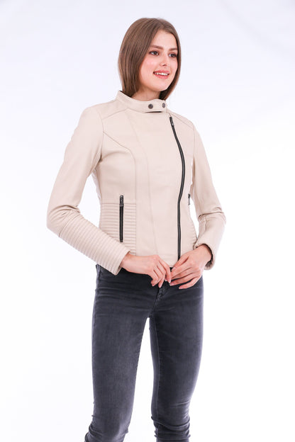 White Ravenna leather biker jacket by Sangria Iapetus, featuring classic design and detailed stitching on a stylish outerwear piece.