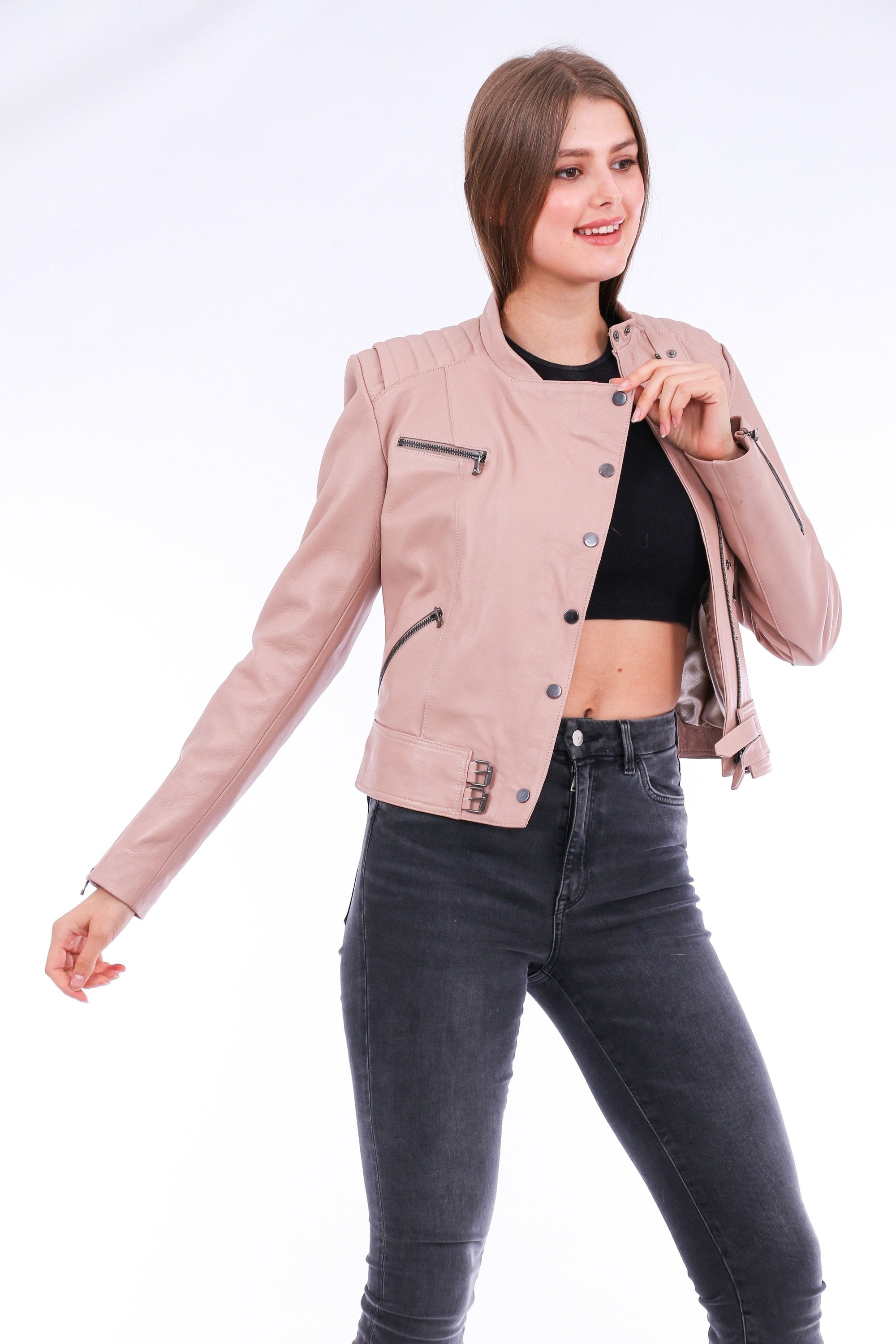 Pink Rovigo Leather Biker Jacket by Sangria Iapetus, featuring classic design and detailed stitching on a stylish motorcycle jacket.