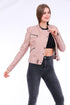 Pink Rovigo Leather Biker Jacket by Sangria Iapetus, featuring classic design and detailed stitching on a stylish motorcycle jacket.