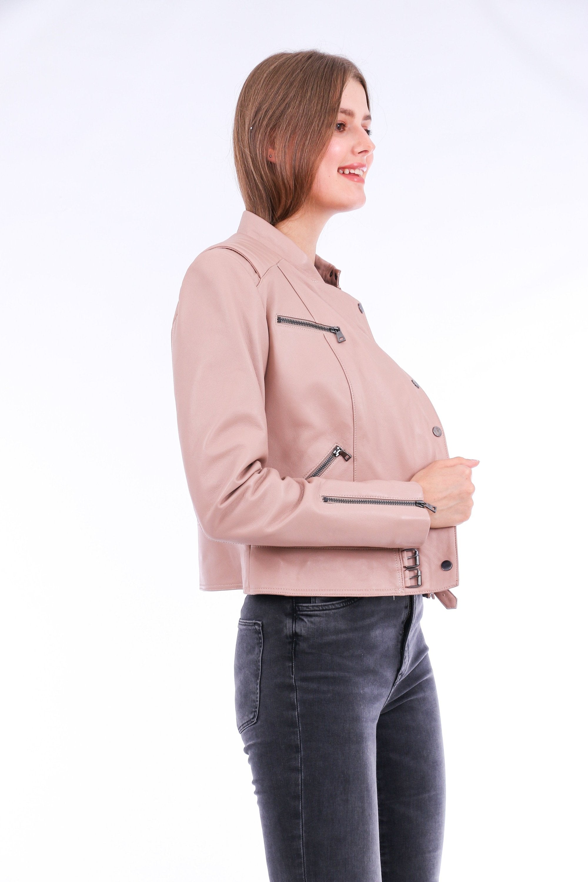 Pink Rovigo leather biker jacket by Sangria Iapetus with silver hardware and classic motorcycle style.