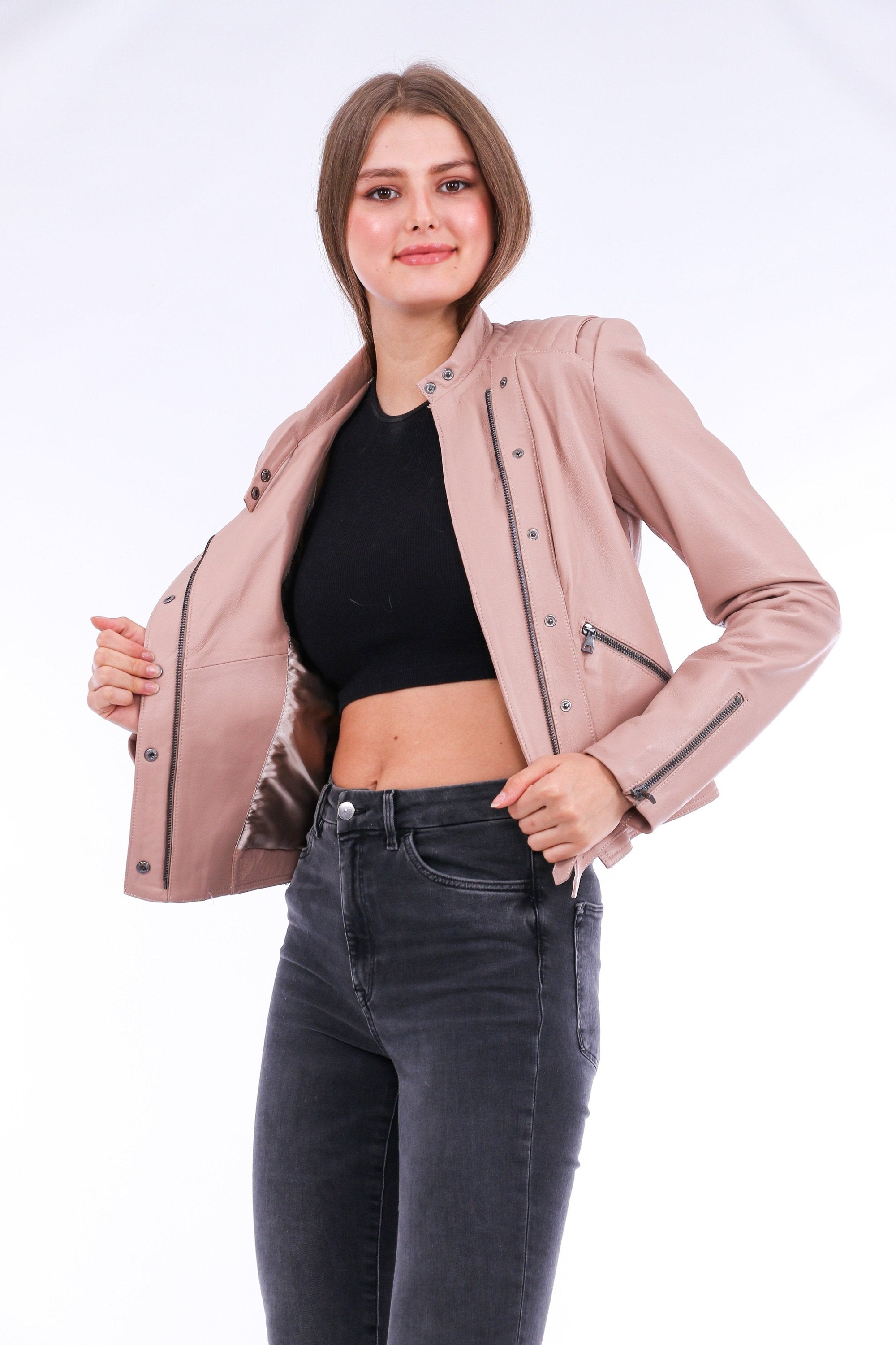 Pink Rovigo Leather Biker Jacket by Sangria Iapetus, featuring classic design with visible stitching and silver hardware details.