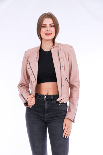 Pink Rovigo leather biker jacket by Sangria Iapetus, showcasing its stylish design and textured leather material.