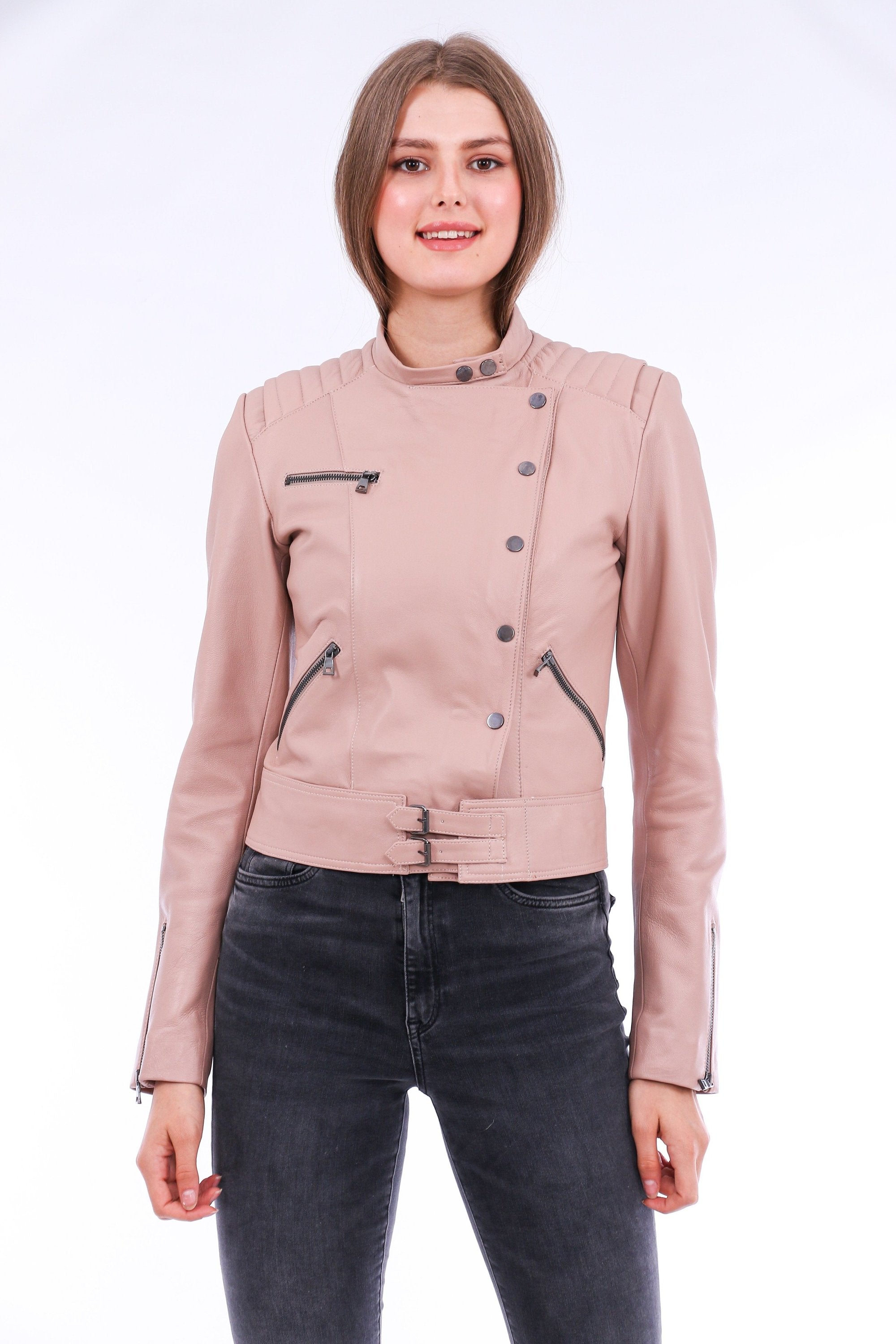 Pink Rovigo Leather Biker Jacket by Sangria Iapetus, featuring a stylish fit and detailed stitching on a model.
