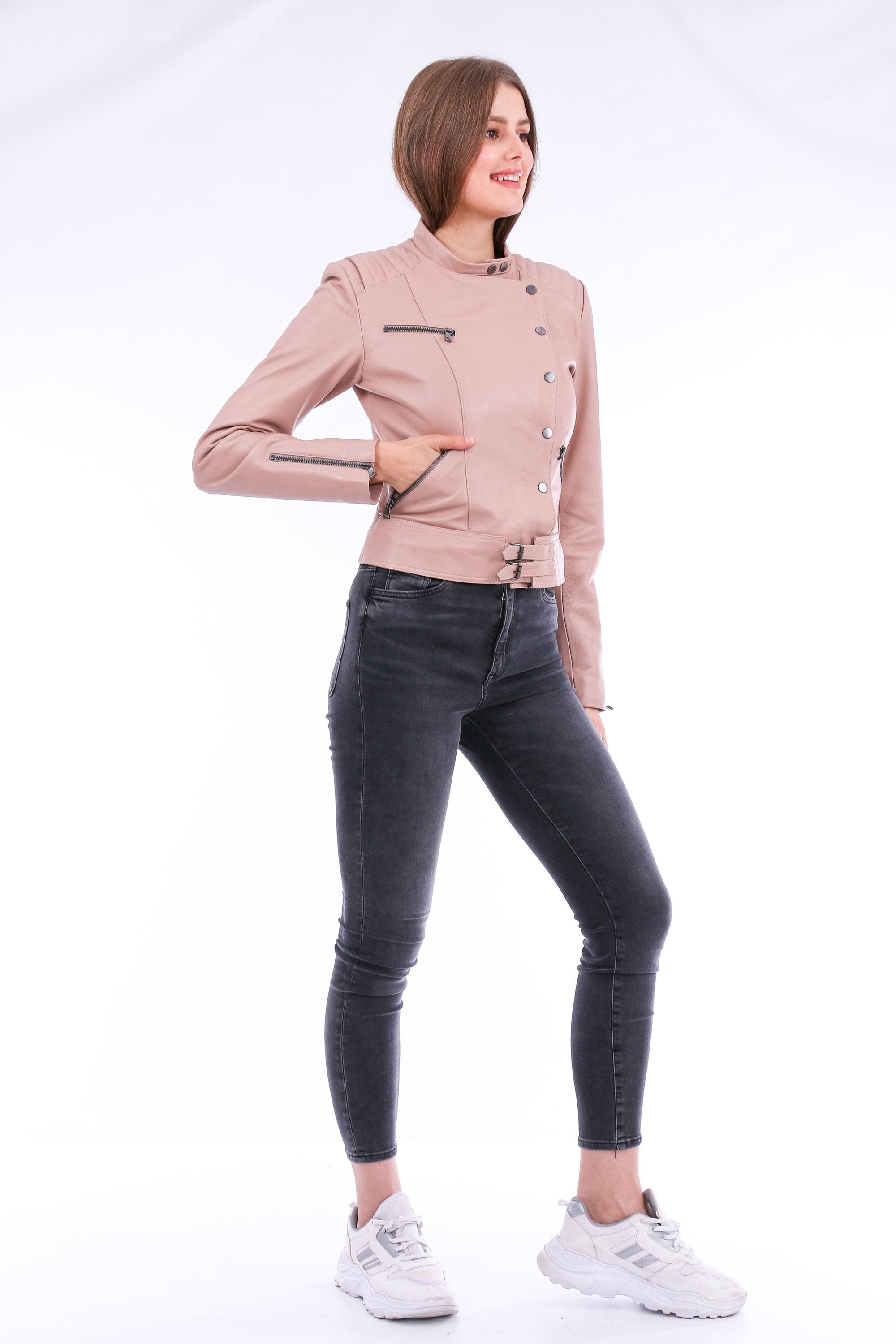 Pink Rovigo leather biker jacket by Sangria Iapetus, featuring classic design with silver hardware and quilted shoulder details.