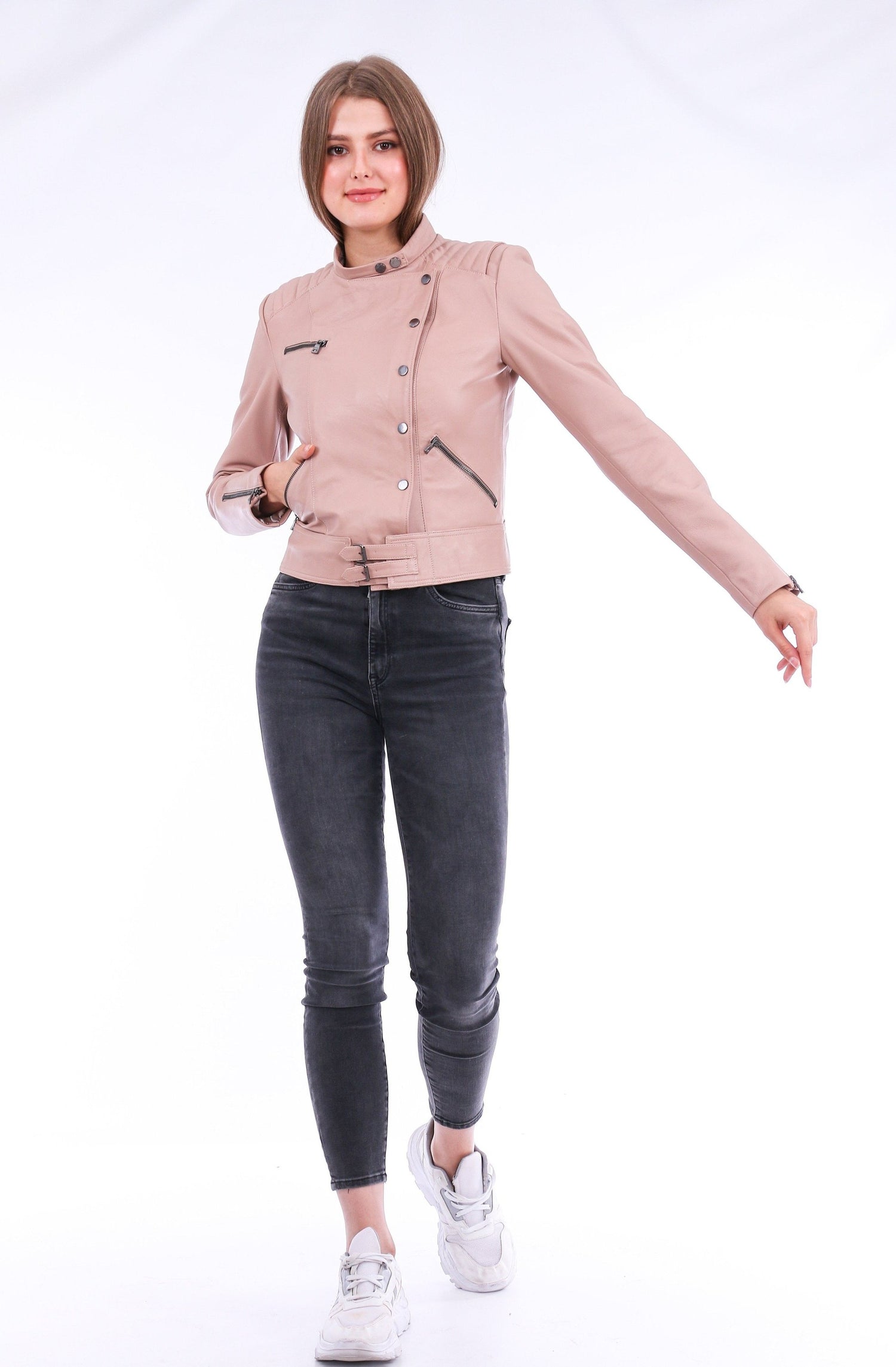 Pink Rovigo leather biker jacket by Sangria Iapetus, featuring classic design with zip details and stylish lapel collar.