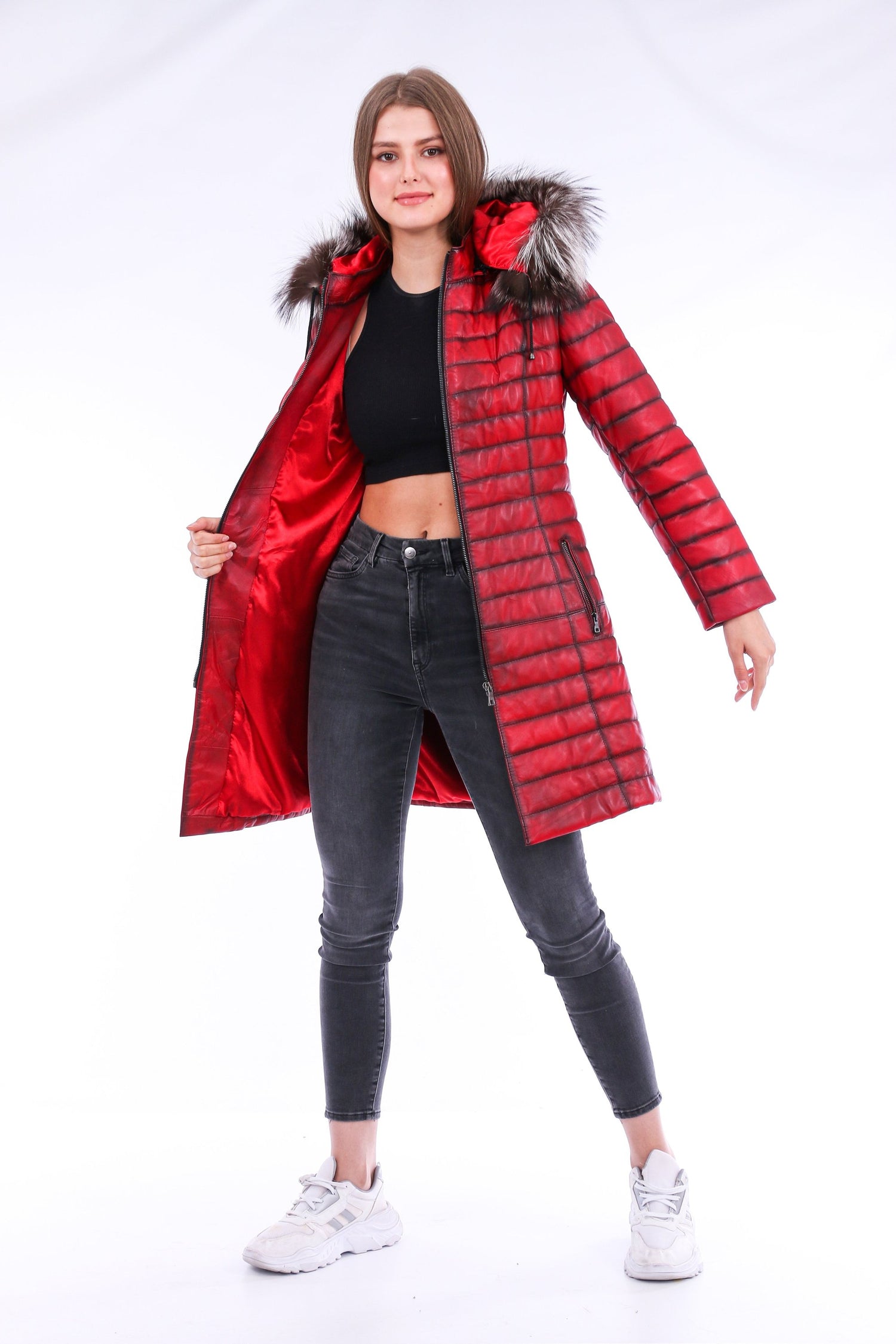 Sangria Iapetus Inverno Leather Trench Coat in black, stylish jacket with classic collar and button details, full-length view.