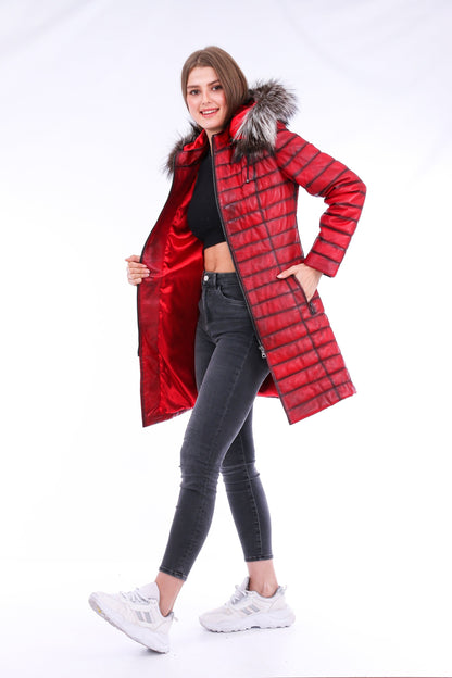 Sangria Iapetus Inverno leather trench coat for women, stylish long jacket with belt and classic design, shown on model.