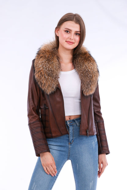 Brown Ravenna leather biker jacket by Sangria Iapetus featuring classic lapels and silver hardware on a hanger.