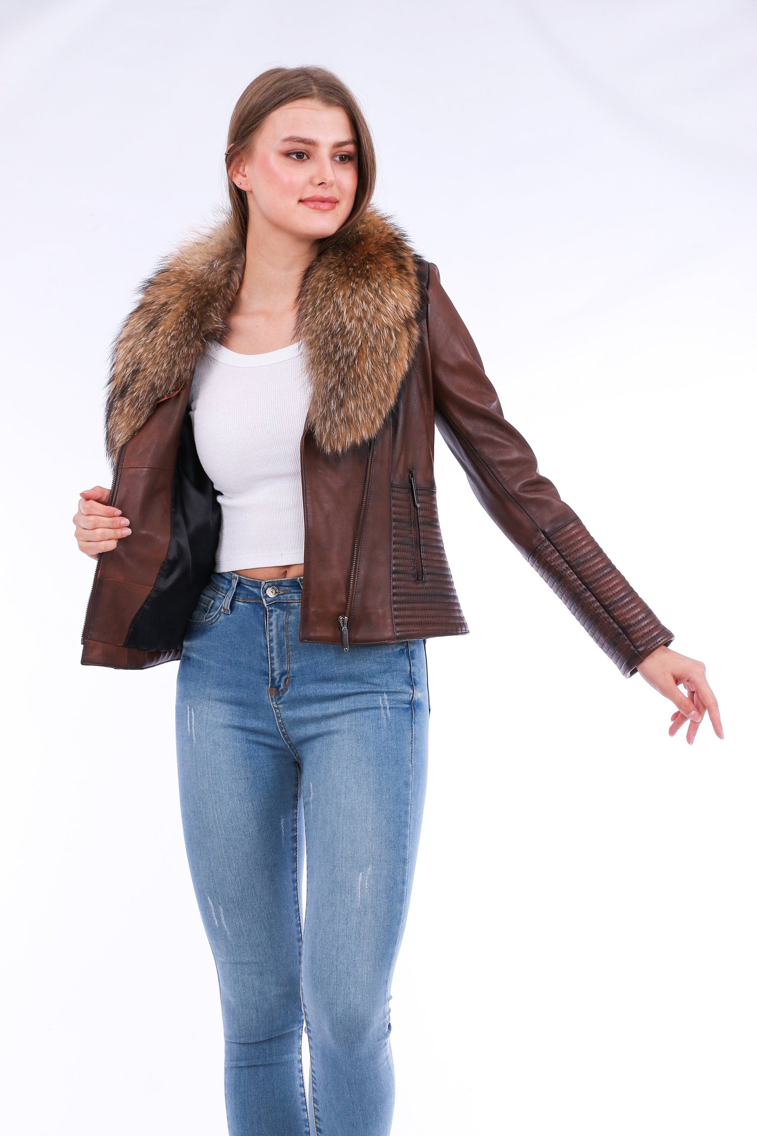 Brown Ravenna leather biker jacket by Sangria Iapetus, featuring classic design, metal hardware, and a structured fit.