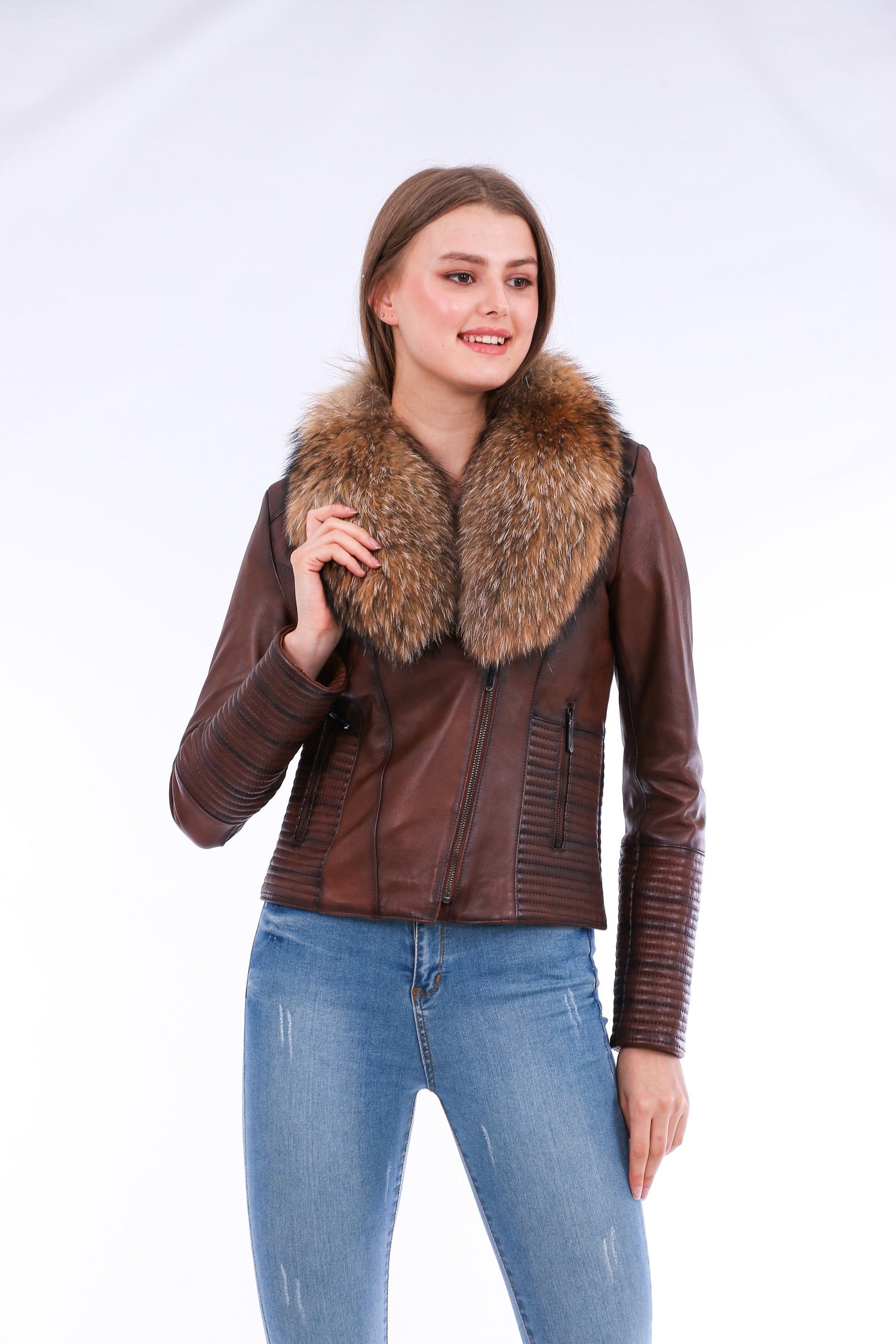 Brown Ravenna Leather Biker Jacket by Sangria Iapetus featuring classic lapel collar and silver hardware details.