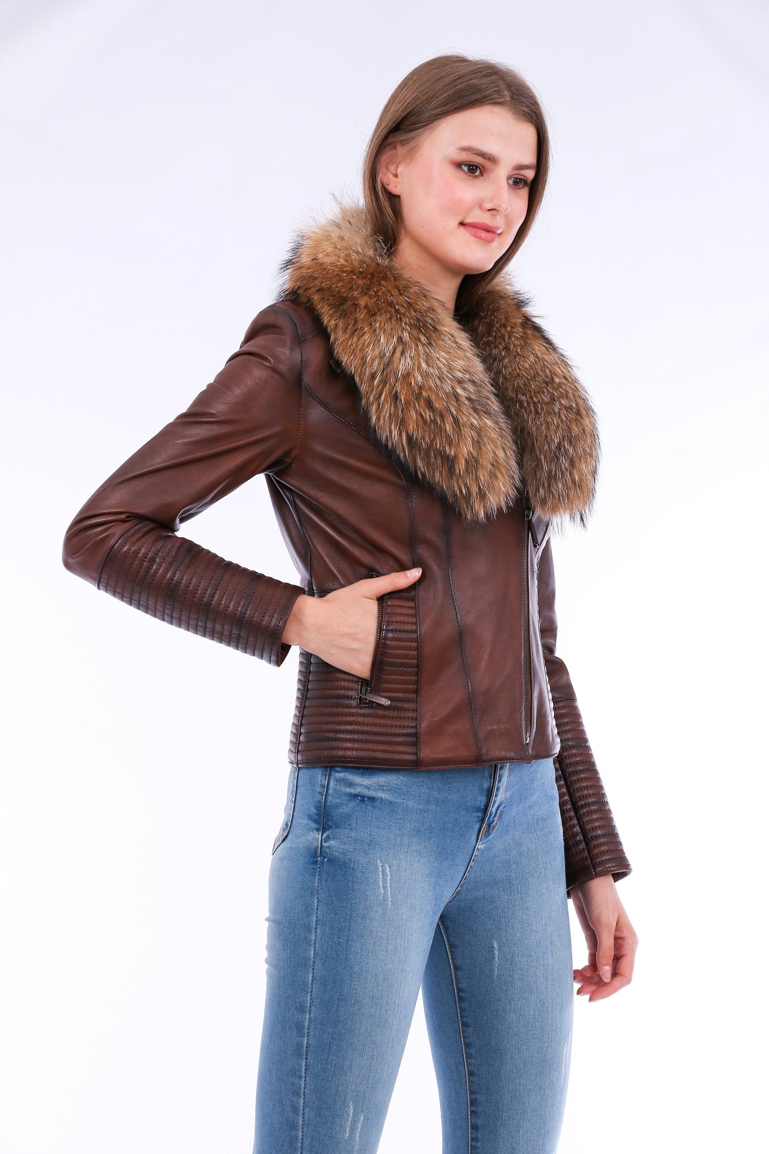 Brown Ravenna leather biker jacket by Sangria Iapetus, featuring classic design, lapel collar, and quilted shoulder details.