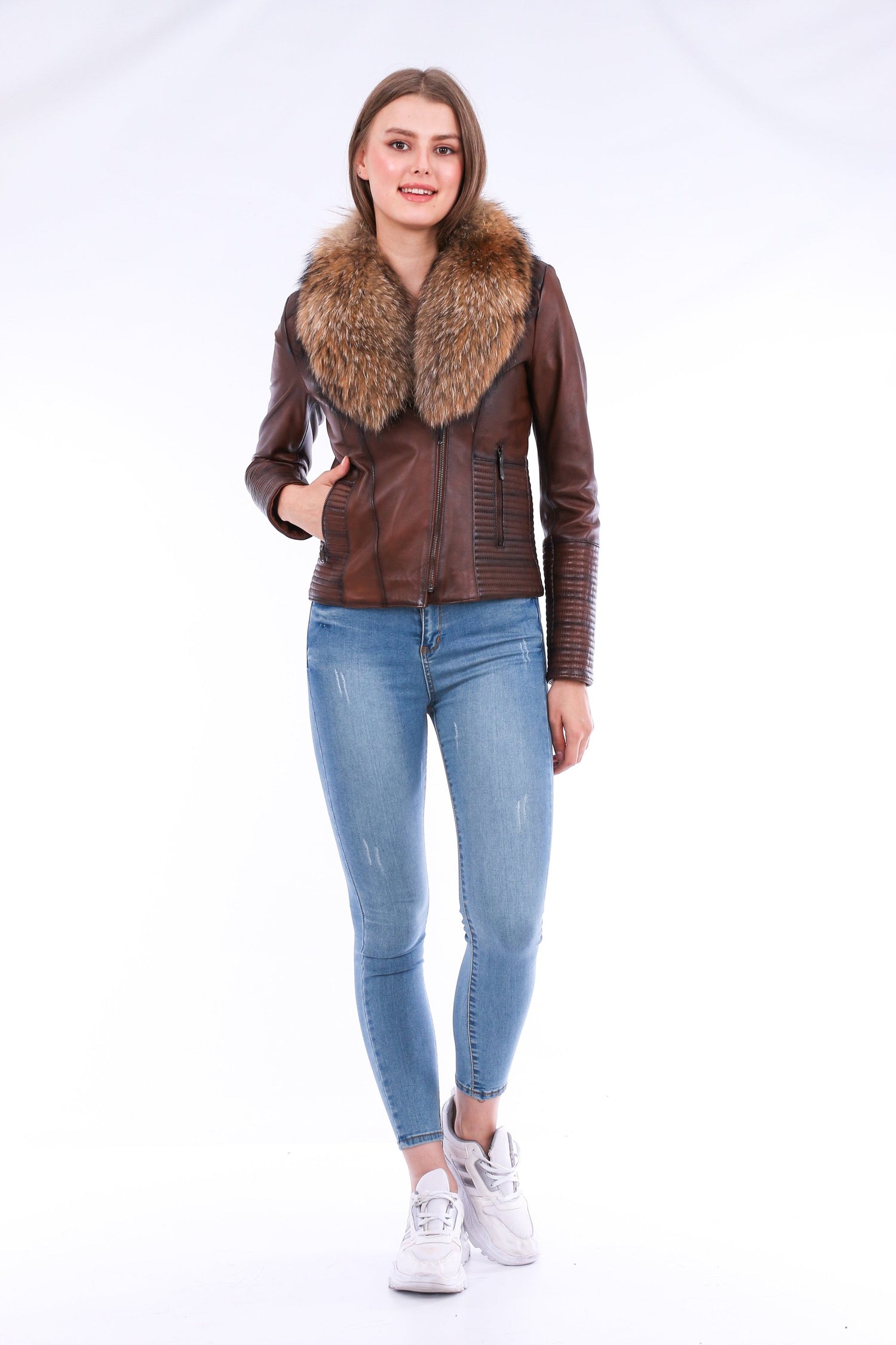 Brown Ravenna leather biker jacket by Sangria Iapetus, featuring classic motorcycle style with detailed stitching and metal hardware.