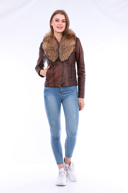 Brown Ravenna leather biker jacket by Sangria Iapetus, featuring classic motorcycle style with detailed stitching and metal hardware.