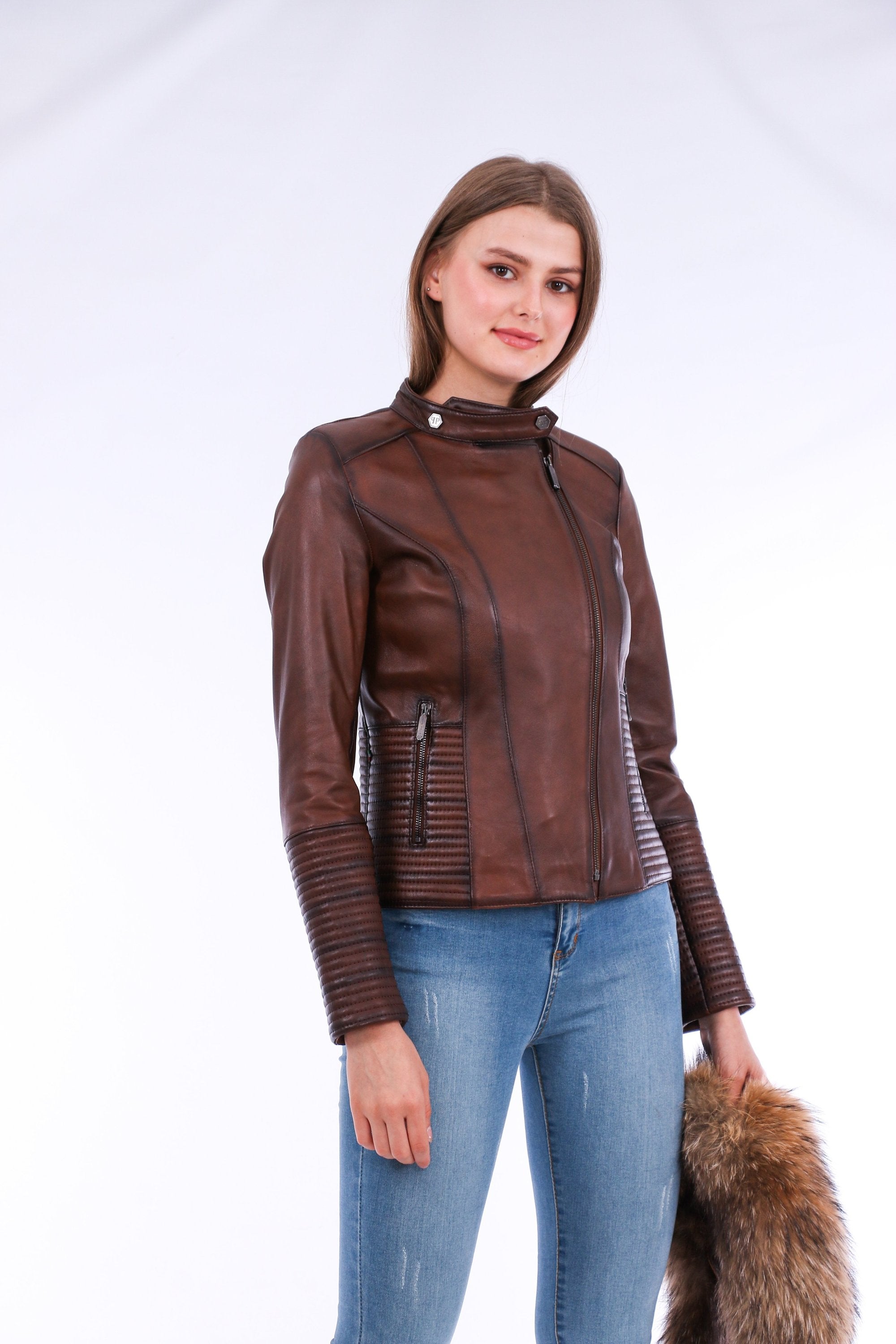 Brown Ravenna Leather Biker Jacket by Sangria Iapetus, featuring classic design and rugged leather texture.