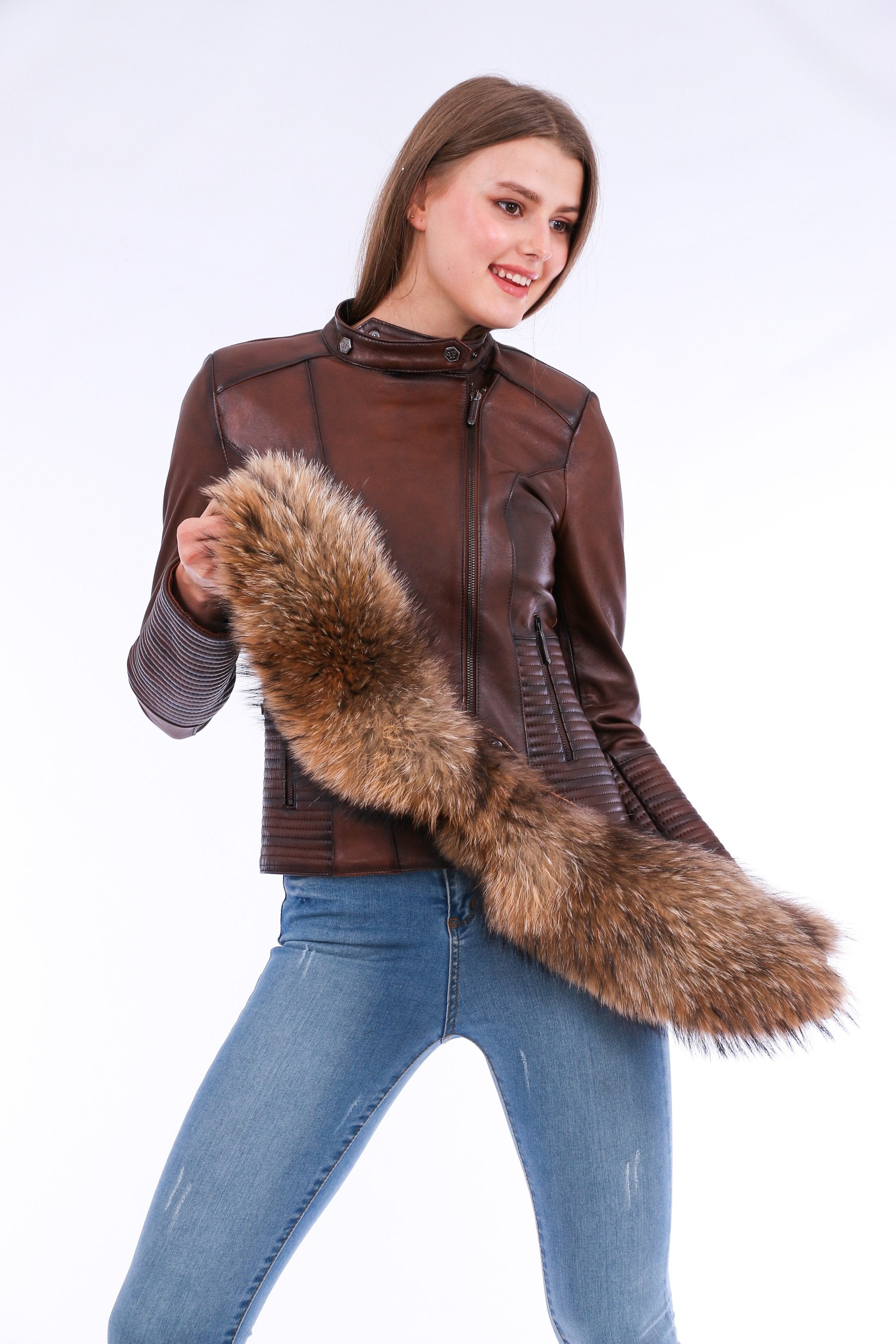 Brown Ravenna Leather Biker Jacket by Sangria Iapetus with silver zipper details and classic biker style.