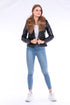 Black Ravenna leather biker jacket by Sangria Iapetus with silver zippers and tailored fit on a hanger.