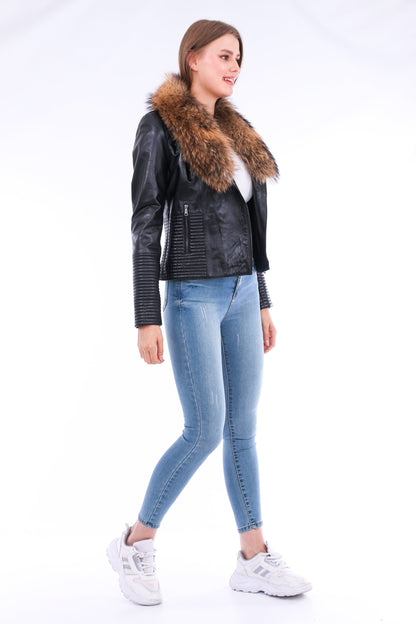 Black Ravenna leather biker jacket by Sangria Iapetus, featuring classic style and detailed stitching on a mannequin.