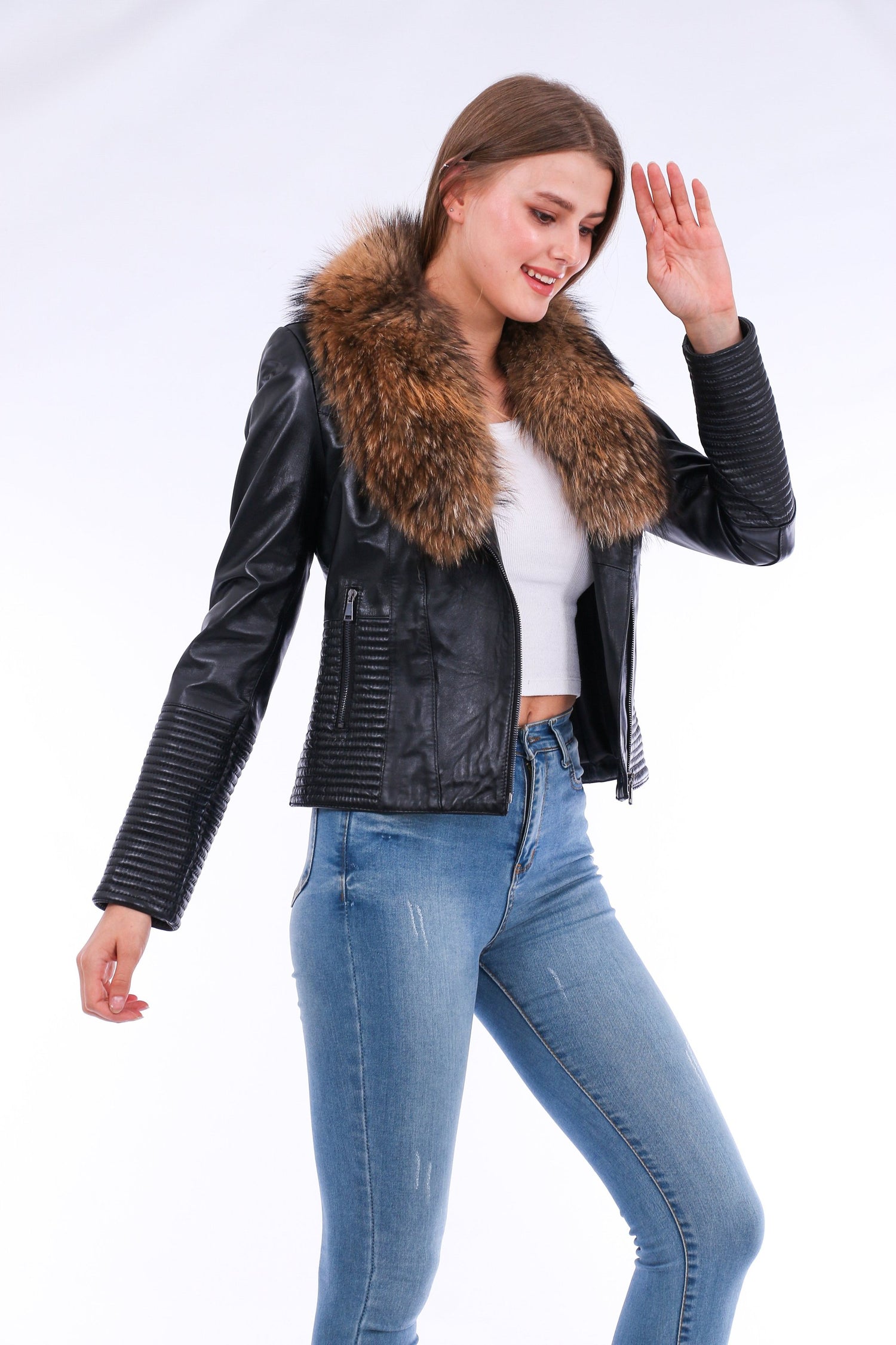 Black Ravenna leather biker jacket by Sangria Iapetus, featuring classic design with silver hardware and quilted details.