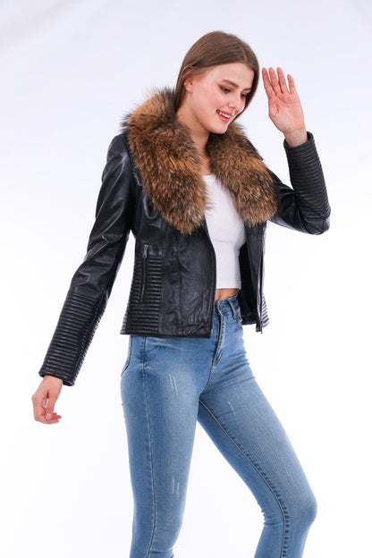Black Ravenna leather biker jacket by Sangria Iapetus, featuring classic design with silver hardware and quilted details.