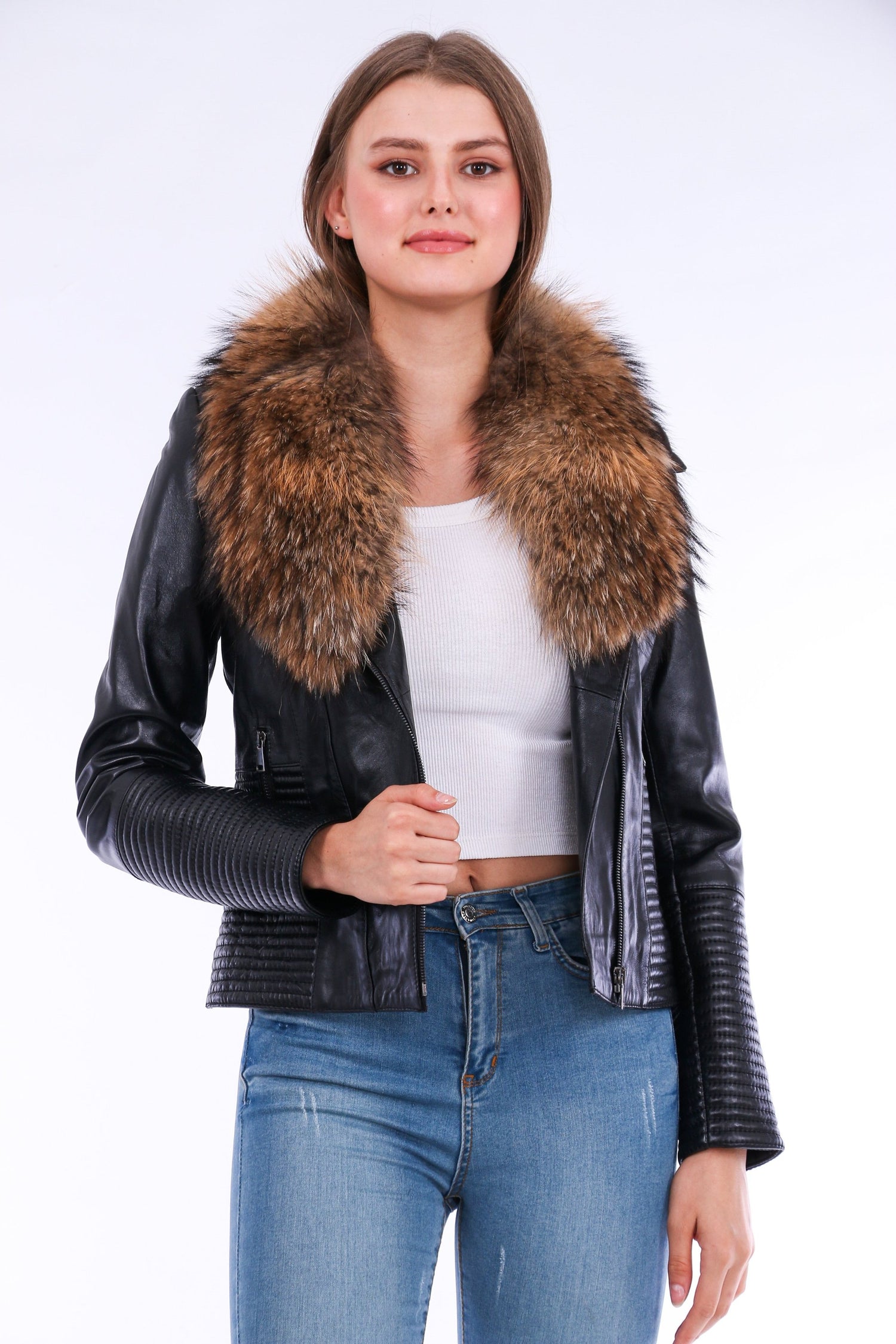 Black Ravenna leather biker jacket by Sangria Iapetus featuring classic lapels and silver hardware on a mannequin.