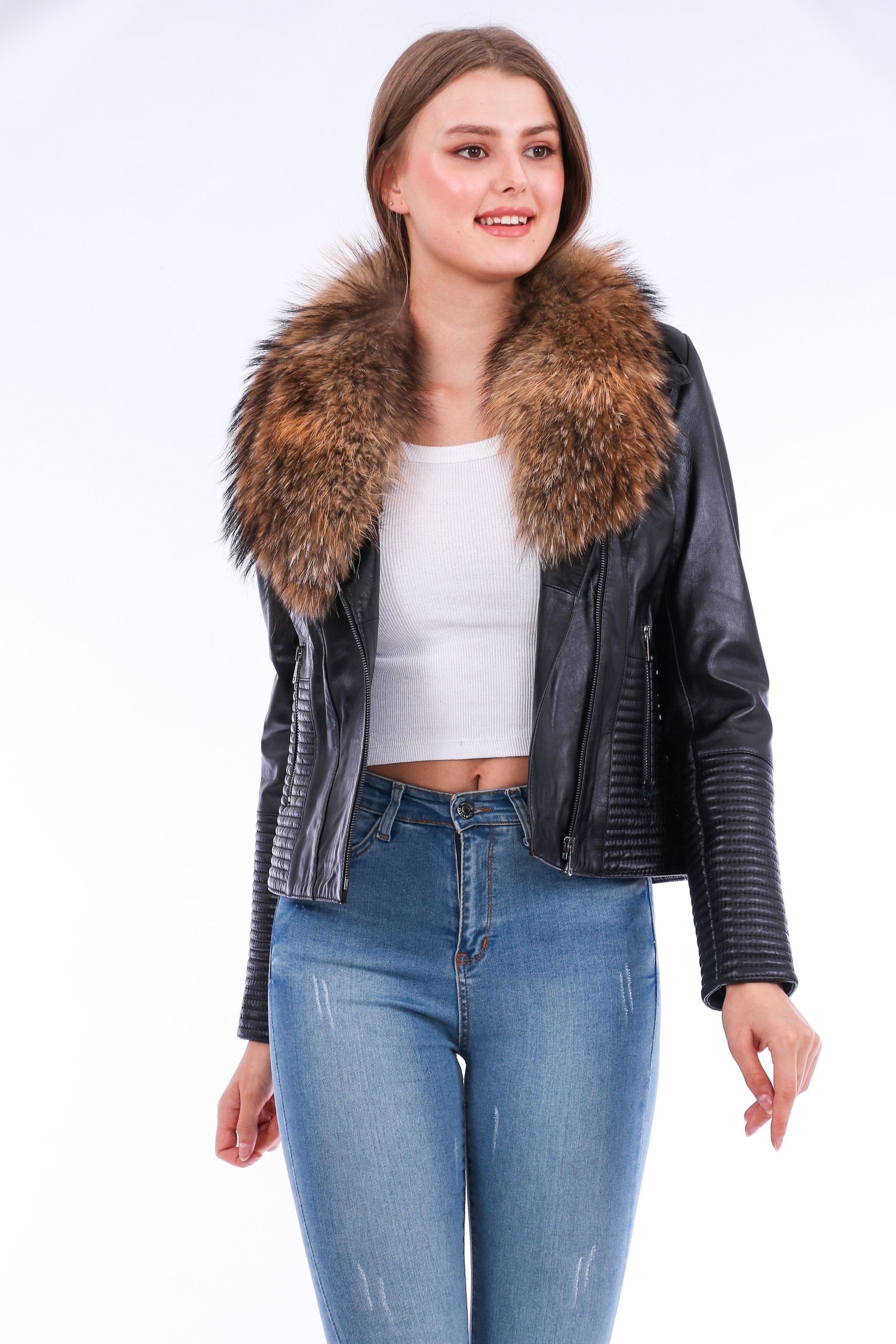 Black Ravenna leather biker jacket by Sangria Iapetus, featuring classic lapel collar and silver hardware details.