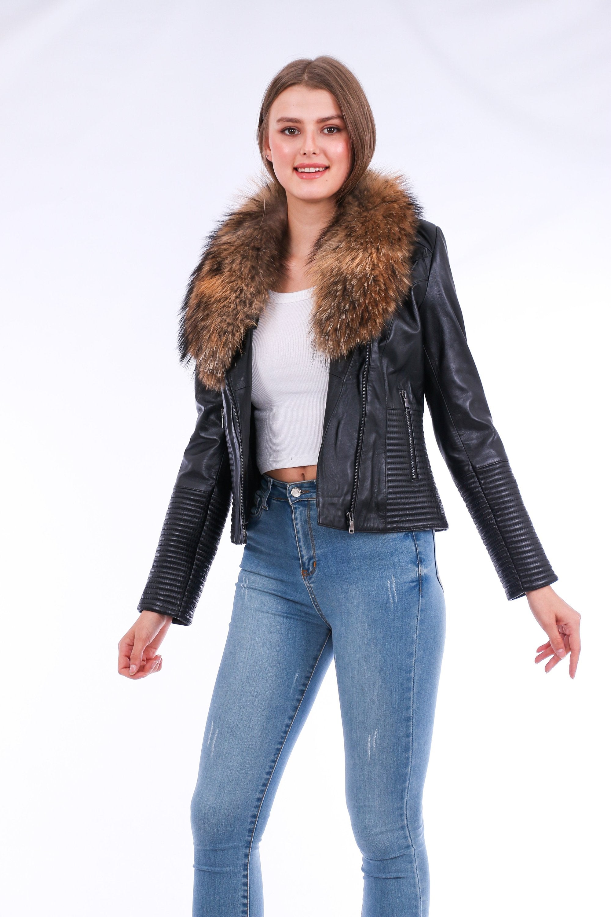 Black Ravenna leather biker jacket by Sangria Iapetus with silver zippers and structured lapels, displayed on a mannequin.