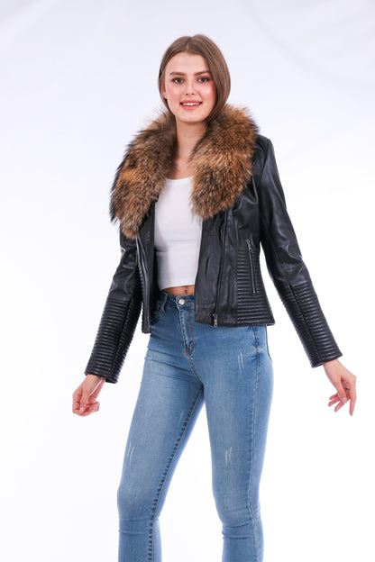 Black Ravenna leather biker jacket by Sangria Iapetus with silver zippers and structured lapels, displayed on a mannequin.