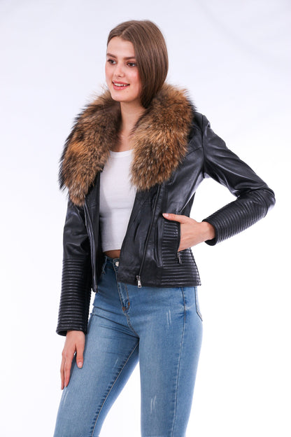Black Ravenna leather biker jacket by Sangria Iapetus, featuring classic lapel collar and zippered front, displayed on a hanger.