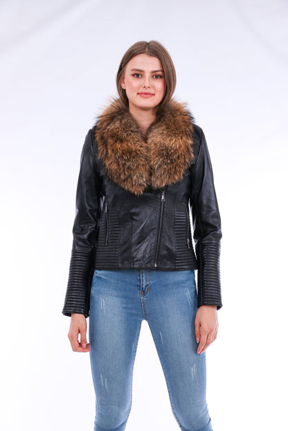 Black Ravenna leather biker jacket by Sangria Iapetus featuring classic lapels and silver hardware, displayed on a hanger.