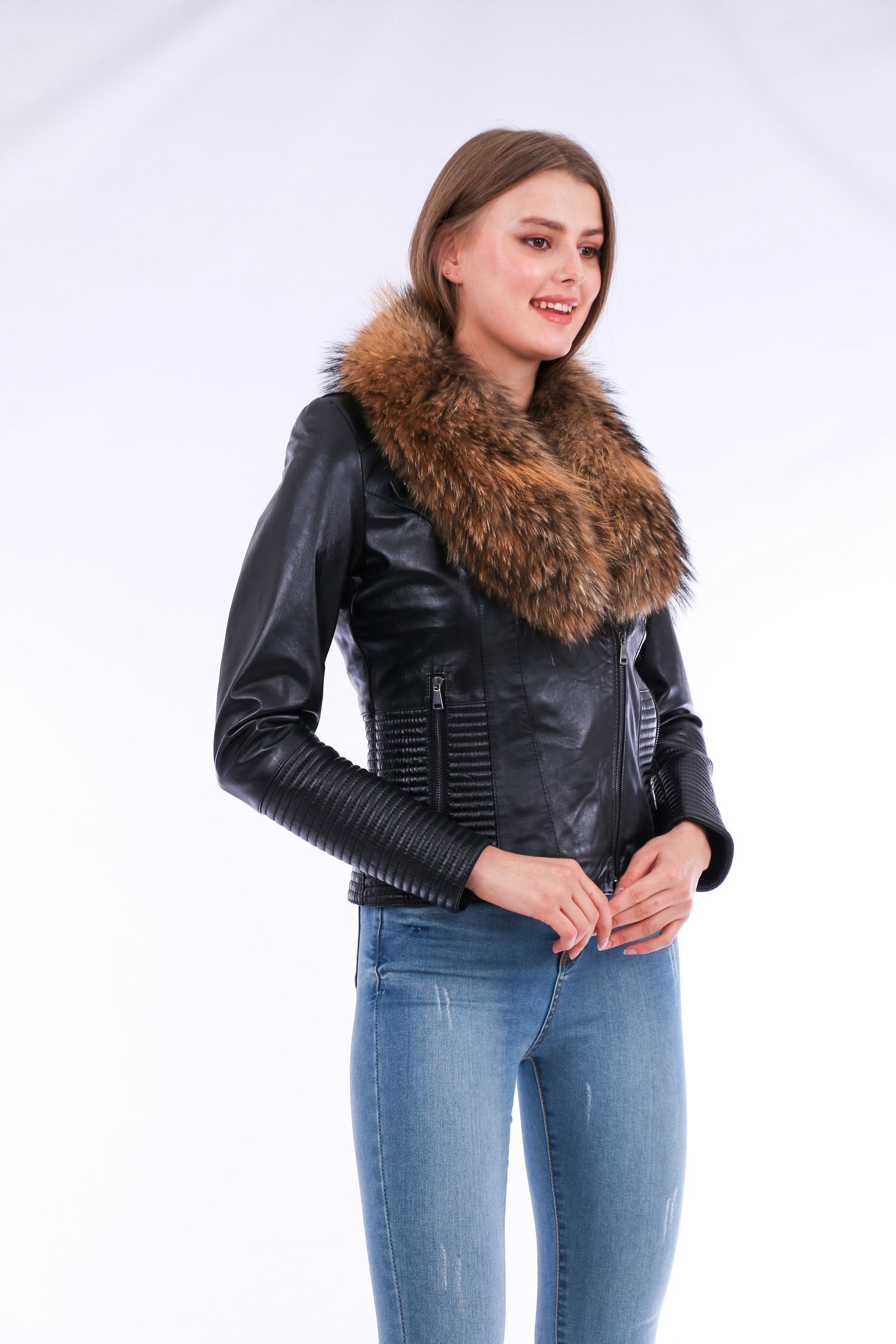 Black Ravenna leather biker jacket by Sangria Iapetus, featuring a sleek design with zip details and classic biker style.