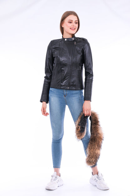 Black Ravenna leather biker jacket by Sangria Iapetus, featuring classic design and silver hardware on a hanger.