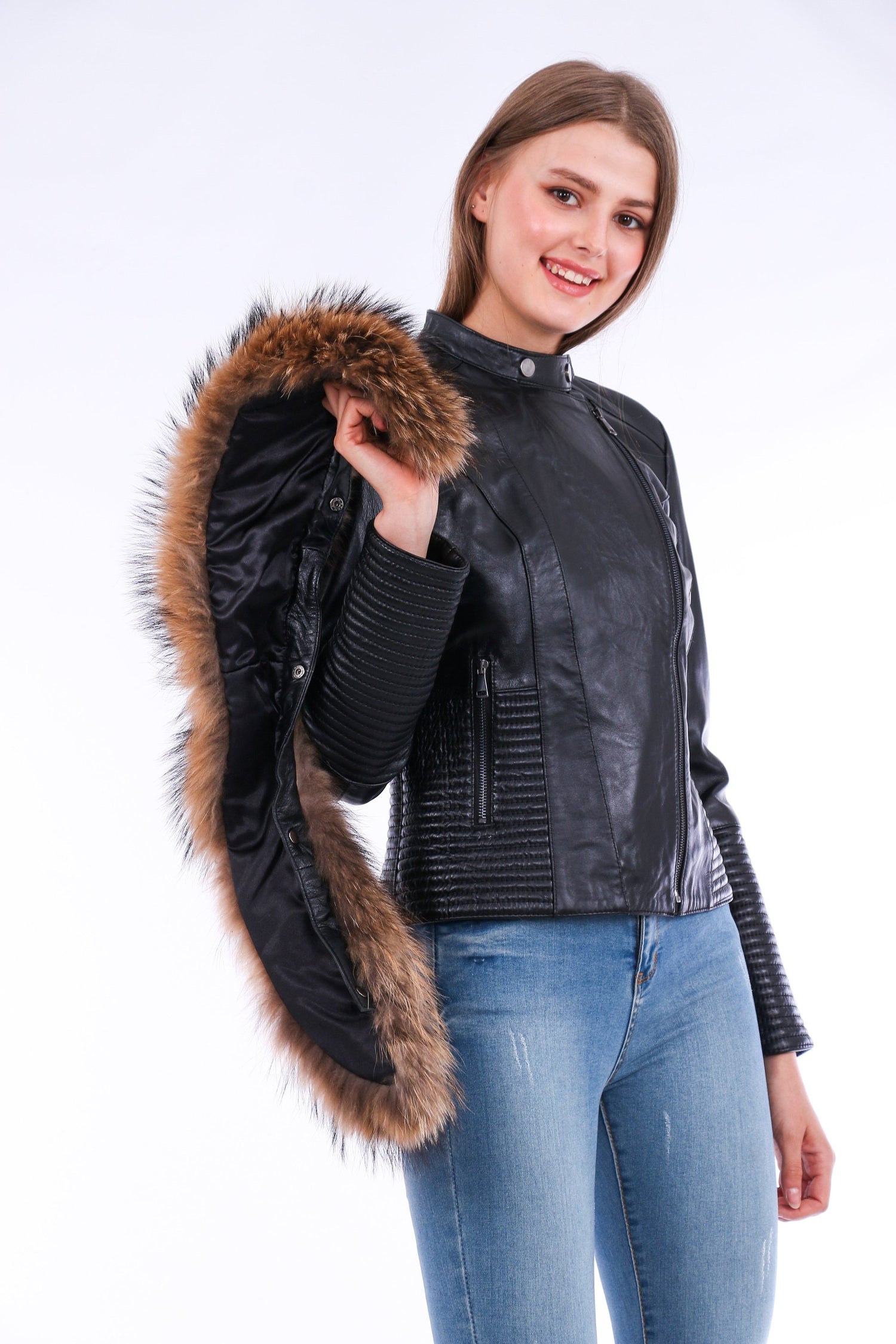 Black Ravenna leather biker jacket by Sangria Iapetus, featuring a sleek design and classic zip details.