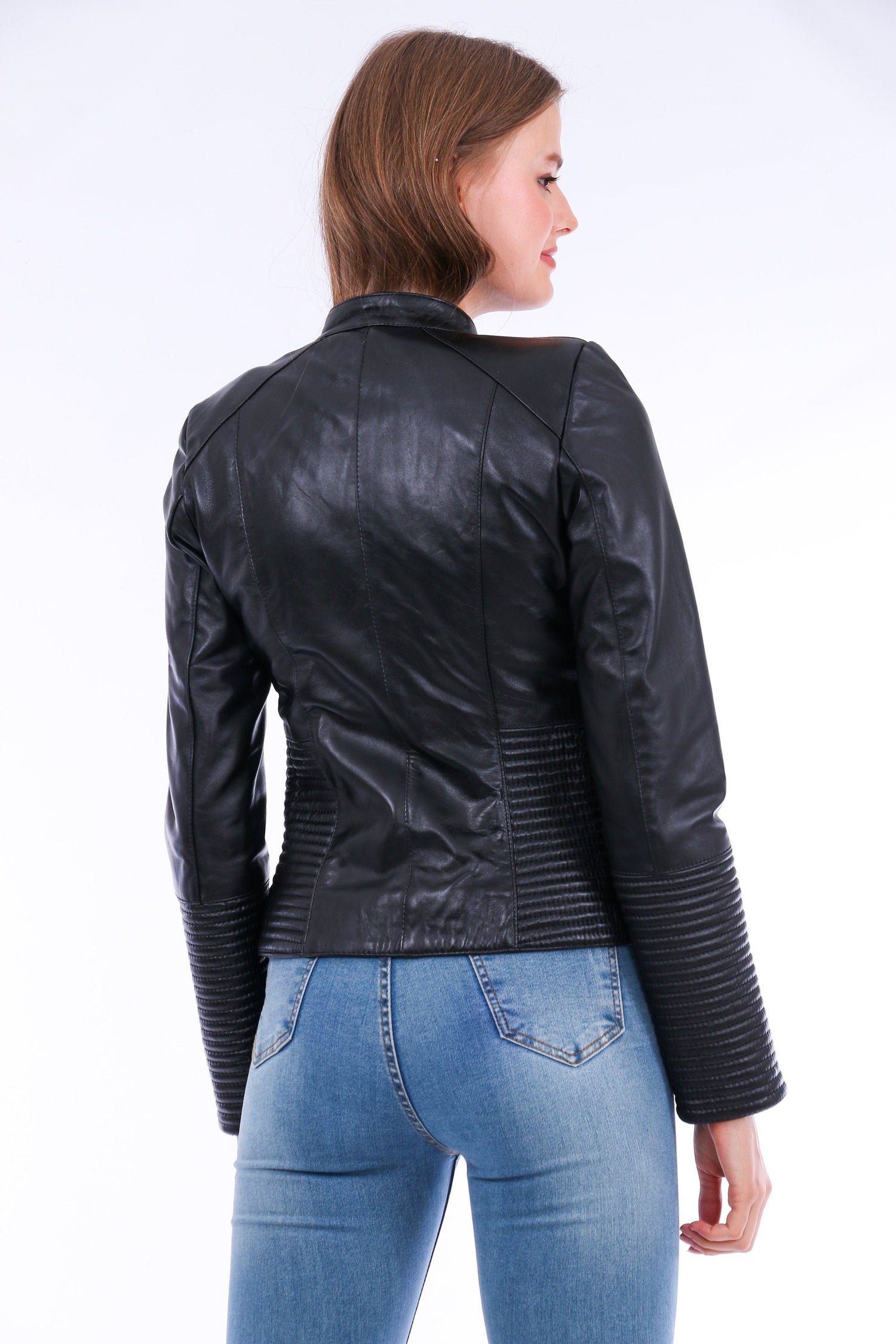 Black Ravenna leather biker jacket by Sangria Iapetus, featuring classic design with silver hardware and fitted style.
