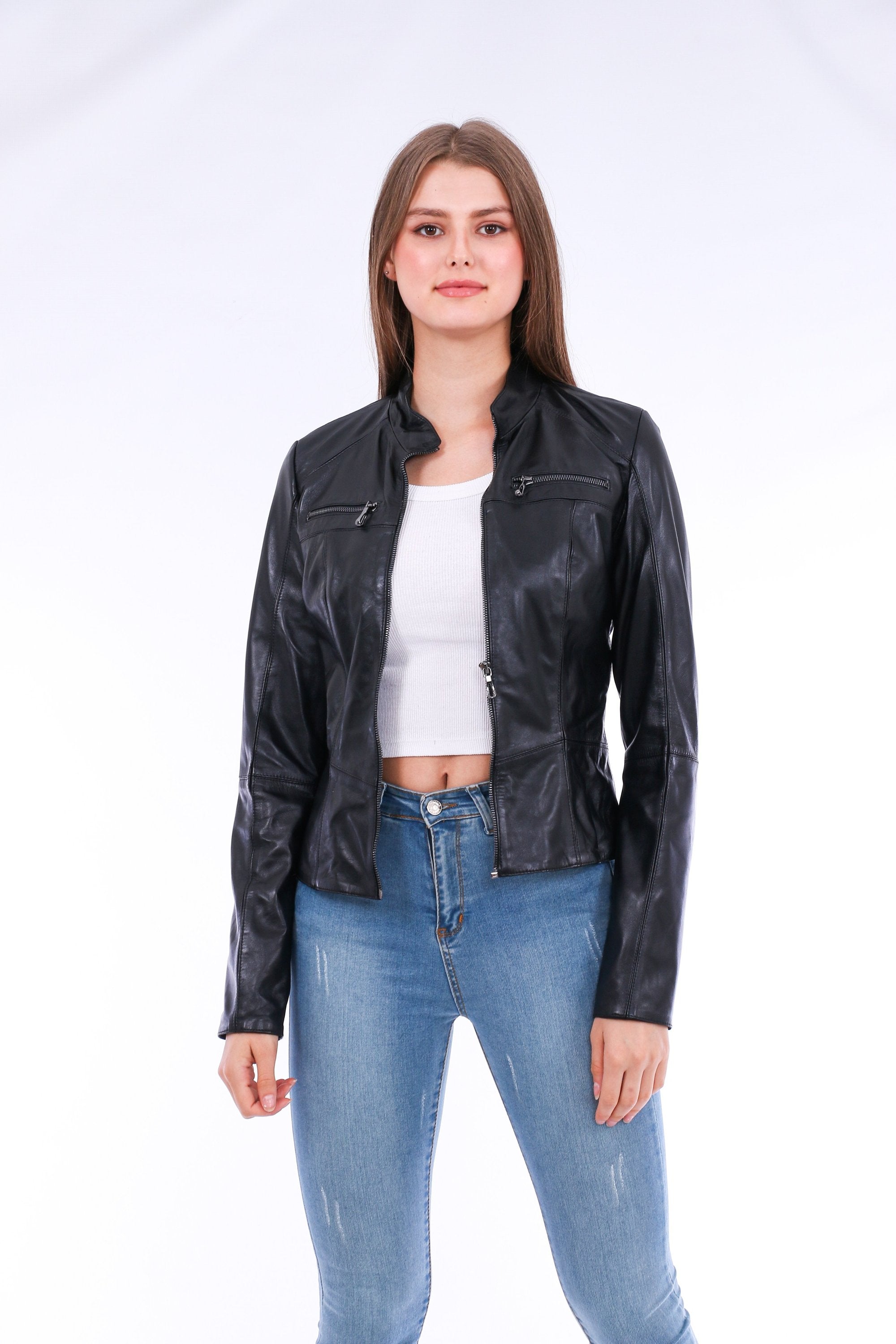 Sangria Iapetus Venici Leather Biker Jacket displayed on a hanger with detailed stitching and classic biker style.
