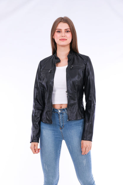 Sangria Iapetus Venici Leather Biker Jacket displayed on a hanger with detailed stitching and classic biker style.
