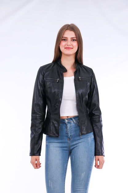 Black Venici leather biker jacket by Sangria Iapetus with silver zipper details and a fitted collar, displayed on a hanger.