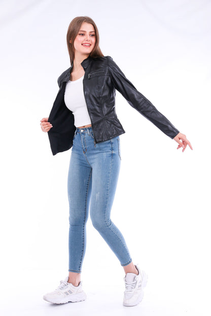 Sangria Iapetus Venici leather biker jacket with silver hardware, featuring asymmetric zipper and lapel collar on a hanger.