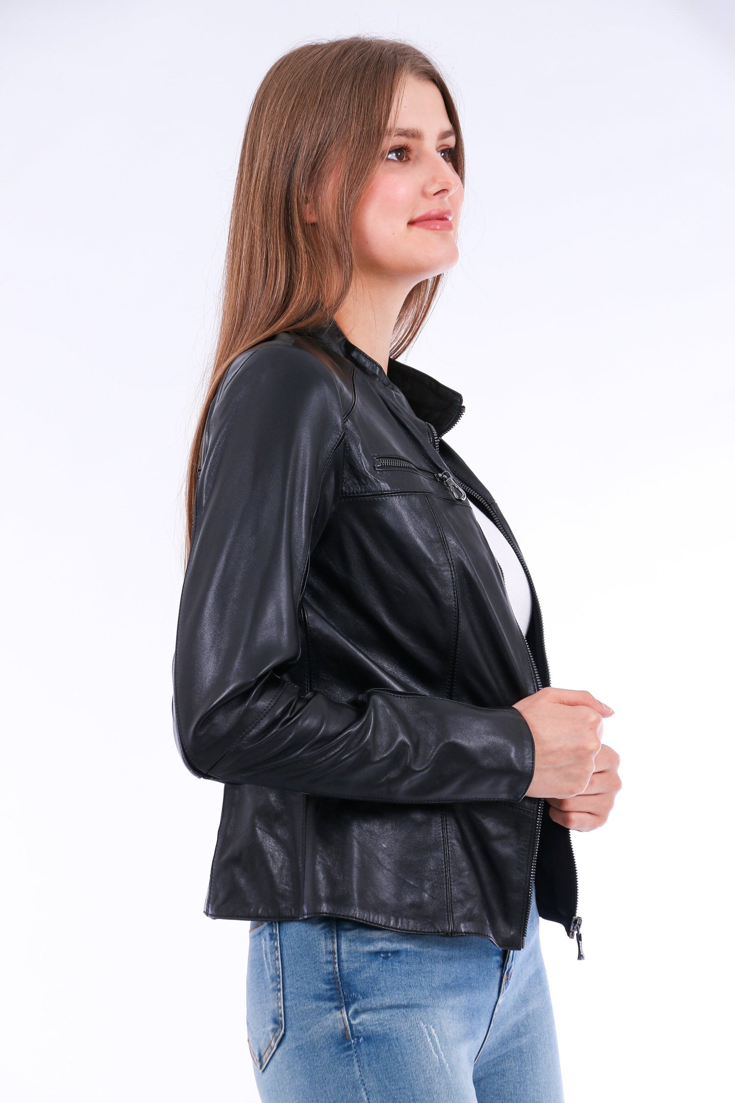 Sangria Iapetus Venici Leather Biker Jacket in black with silver zipper details, displayed on a hanger.