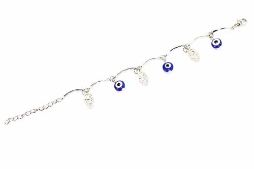Silver Hestia Hamsa Hand and Evil Eye protection bracelet with intricate design, handcrafted jewelry for spiritual protection.