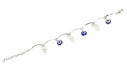Silver Hestia Hamsa Hand and Evil Eye protection bracelet with intricate design, handcrafted jewelry for spiritual protection.