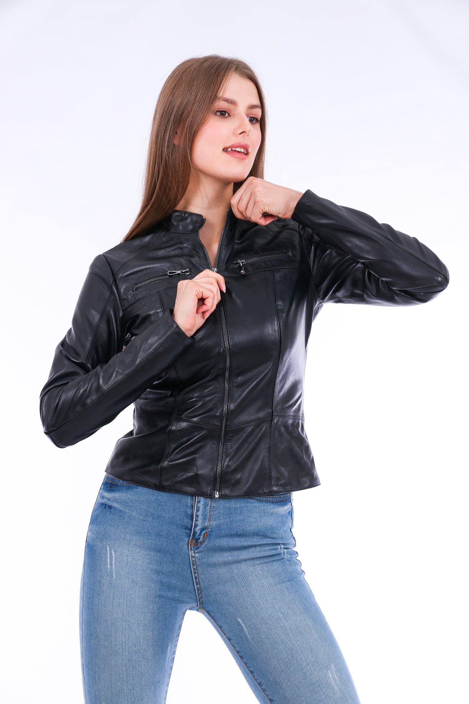 Sangria Iapetus Venici leather biker jacket featuring classic design, silver hardware, and a fitted style for edgy fashion.