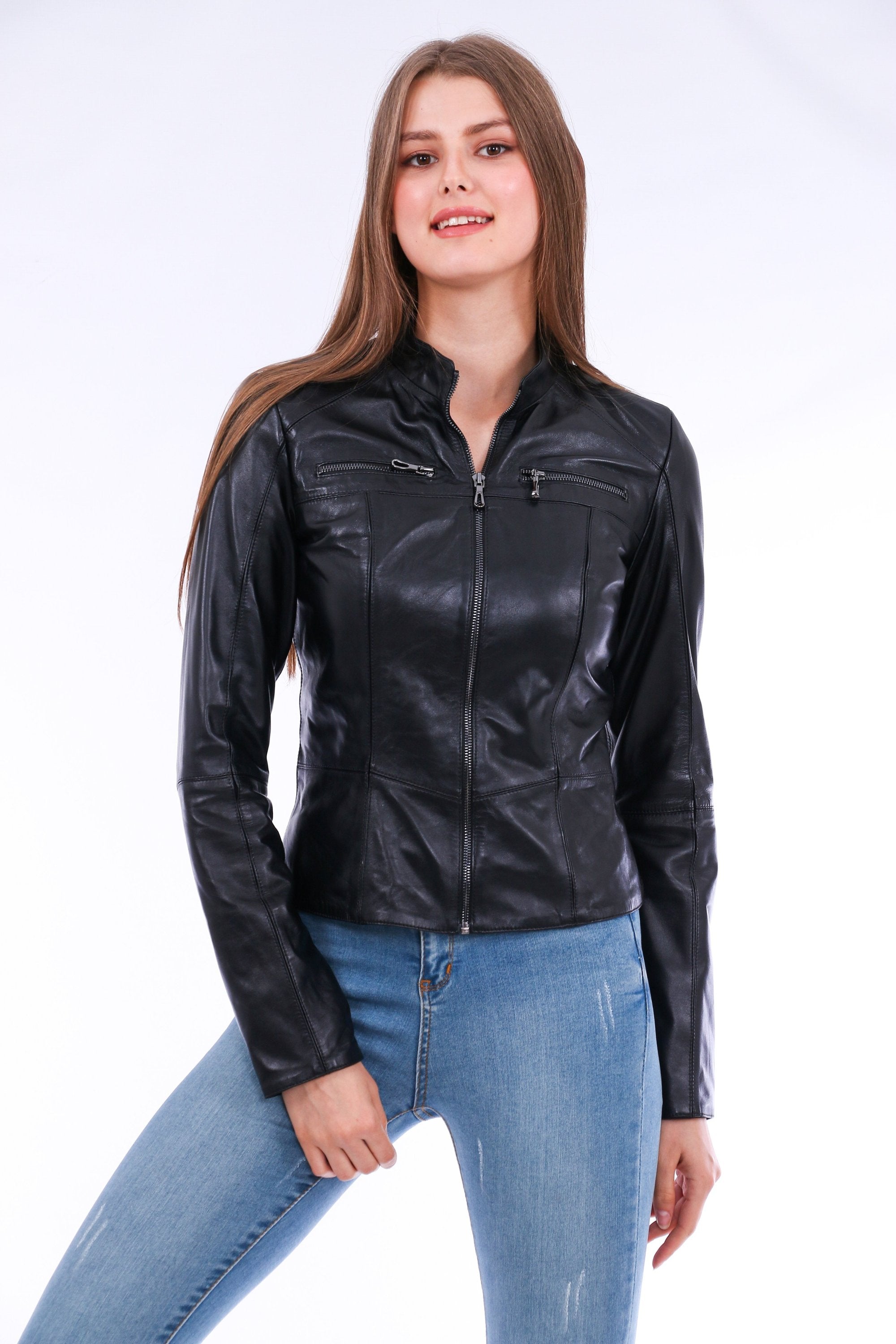 Sangria Iapetus Venici leather biker jacket in black with silver hardware, shown on a hanger.