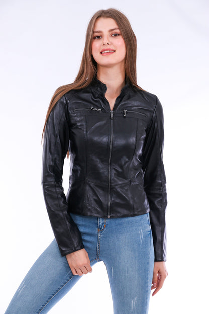 Sangria Iapetus Venici leather biker jacket in black with silver hardware, shown on a hanger.