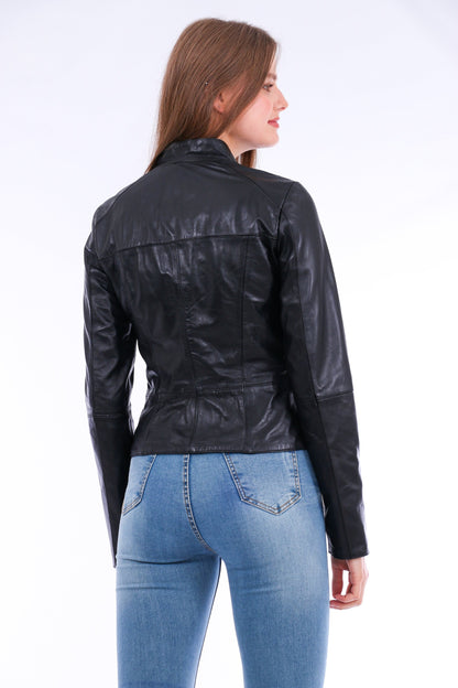 Sangria Iapetus Venici leather biker jacket with silver hardware, tailored fit, and classic lapel collar on a neutral background.