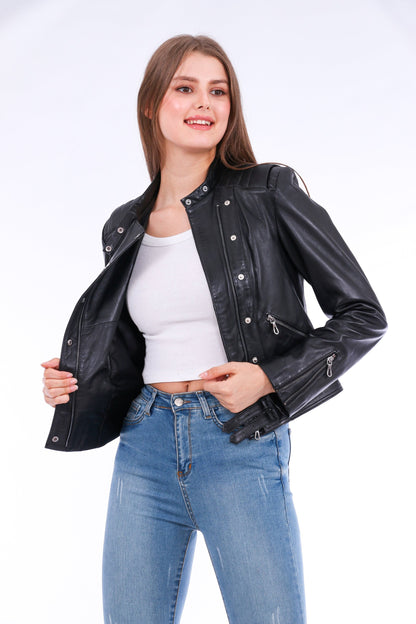 Black Rovigo leather biker jacket by Sangria Iapetus, featuring classic design and silver hardware, displayed on a hanger.