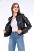 Black Rovigo leather biker jacket by Sangria Iapetus, featuring classic design and silver hardware, displayed on a hanger.