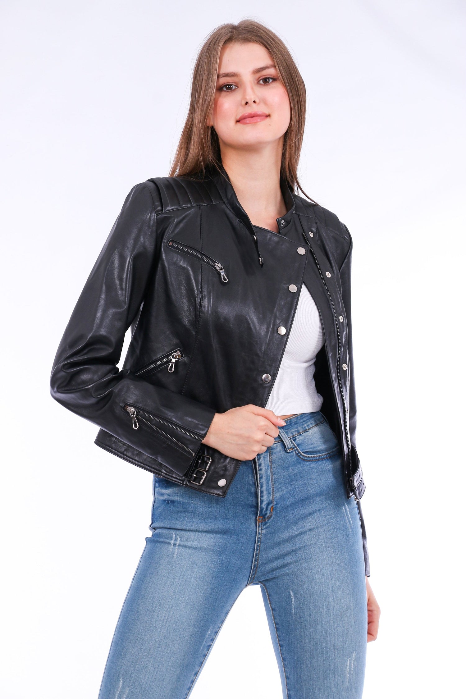 Black Rovigo leather biker jacket by Sangria Iapetus, featuring classic motorcycle style and detailed stitching.