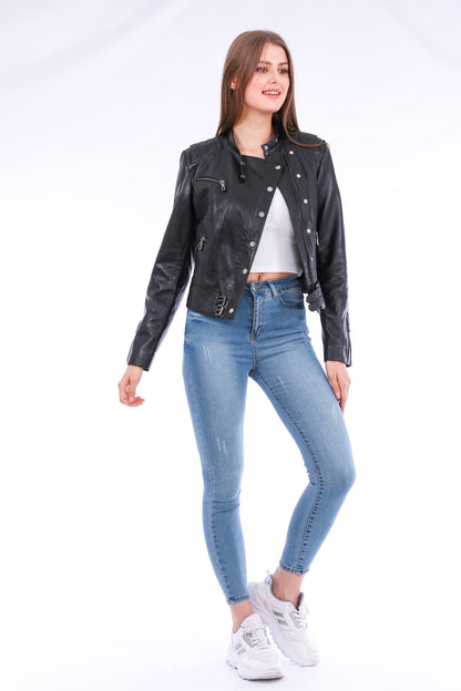 Black Rovigo Leather Biker Jacket by Sangria Iapetus, shown on a hanger, featuring classic motorcycle style with silver hardware.