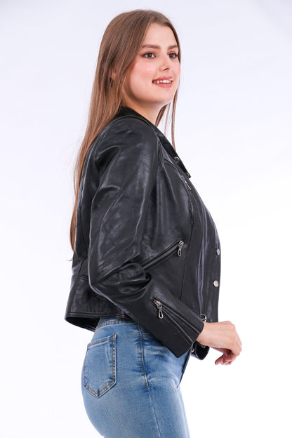 Black Rovigo leather biker jacket by Sangria Iapetus featuring classic lapels and silver hardware, displayed on a hanger.
