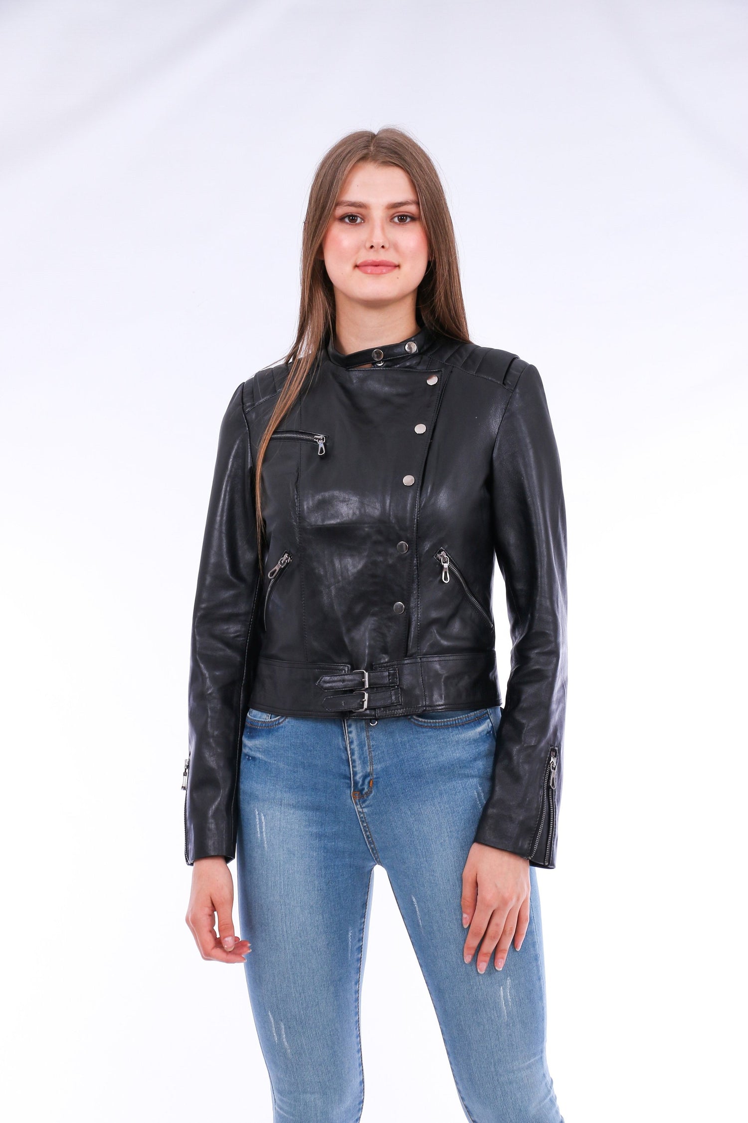 Black Rovigo Leather Biker Jacket by Sangria Iapetus, featuring classic design and silver hardware, displayed on a hanger.
